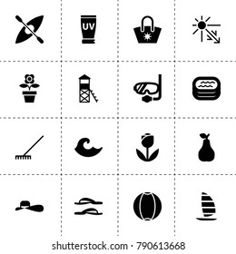 Summer icons. vector collection filled summer icons. includes symbols such as rake, pear, ball, flower pot, boat, wave, water tower. use for web, mobile and ui design.