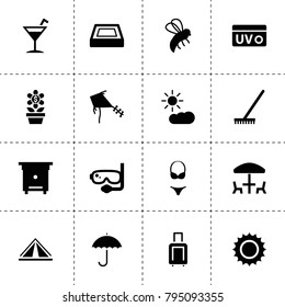 Summer icons. vector collection filled summer icons. includes symbols such as bee, hive, rake, swimming pool, diving mask. use for web, mobile and ui design.