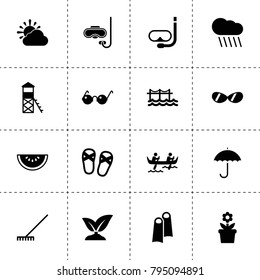 Summer icons. vector collection filled summer icons. includes symbols such as rain, rake, sprouting, flower in pot, scuba, water tower. use for web, mobile and ui design.