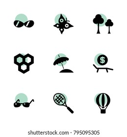 Summer icons. vector collection filled summer icons set.. includes symbols such as tree, honeycombs, hot air balloon, lounger rent. use for web, mobile and ui design.