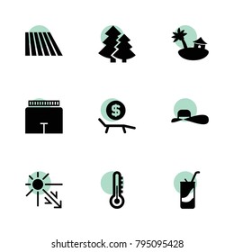 Summer icons. vector collection filled summer icons set.. includes symbols such as field, thermometer, shorts, sunstroke, lounger rent. use for web, mobile and ui design.