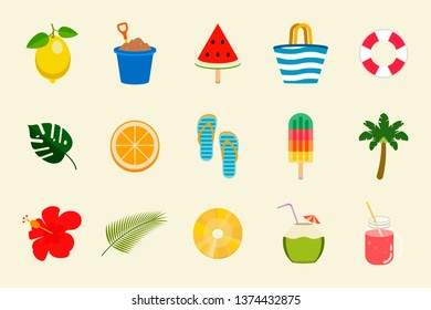 Summer Icons Vector; colours; lemon; watermelon; toy; bag; tropical leaves; orange; slippers; popsicle; coconut; coconut tree; flower; pineapple; juice
