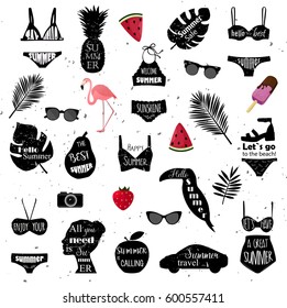 Summer icons. Vector illustration. Bikini, palm leaves, toucan bird, flamingo, sunglasses, car, women head, photo camera, watermelon silhouettes on white. Typography design. Grunge vintage texture.