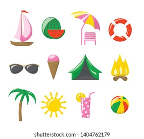 Summer icons. Vector set of 12 colored flat icons