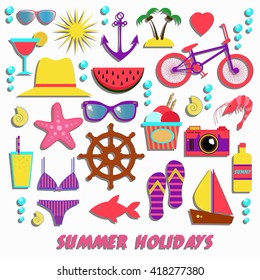 Summer icons vector set. Colorful signs of summer holidays, vacation, traveling. 