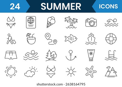 Summer icons vector set. Outline icon of summer vacation and beach web icons,  hotel, passport, maps, landscape, camera, Travel, holiday, tourism icon. Vector illustration.