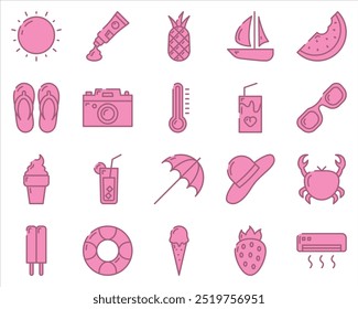 Summer Icons, vector, sun, boat, watermelon, pink, flat icons