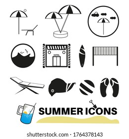 Summer Icons with White Background. Black and white icons.