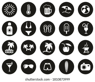 Summer Icons White On Black Flat Design Circle Set Big