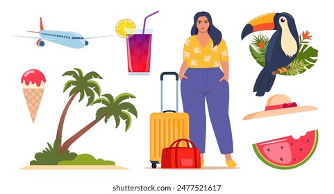 Summer icons. Woman with suitcase, airplane, toucan, tropical palm leaves, ice cream, cocktail, palm, watermelon, hat. Concept of adventure, journey, summer trip. Vector