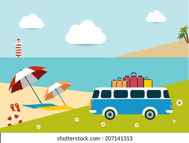Summer illustrated background. Ocean scenery with retro bus. 