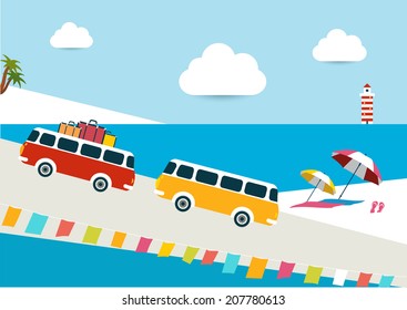 Summer illustrated background. Ocean scenery with retro buses. 