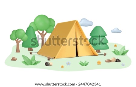 Summer illustration with 3d tent in forest. Trees, fir, leaves, stones and flowers buds on abstract meadow. Cartoon vector elements. Clouds in sky. Outdoor weekend concept. Recreation trip.