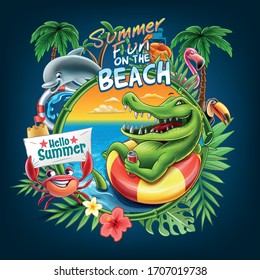 Summer illustration with animals in tropical on beach.