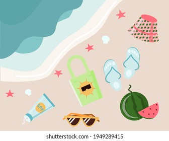 Summer illustration. Summer attributes against the background of the sea and sand