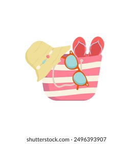 Summer illustration with a beach bag, hat, sunglasses, slates