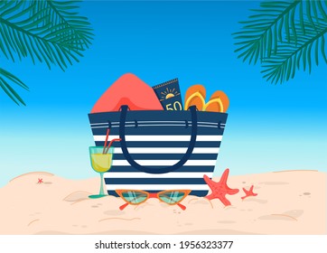 Summer illustration with a beach bag on the sand against a background of blue sky and palm branches. Beach flip flops, sunscreen, towel, cocktail. Vector illustration