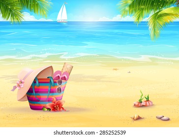 Summer illustration with a beach bag in the sand against the sea and white sailboat