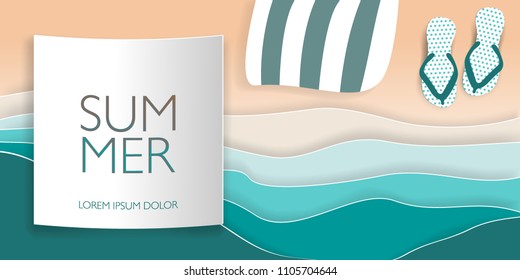 Summer illustration of beach banner with waves, sand, Slippers, towel.  Paper cut style, vector illustration