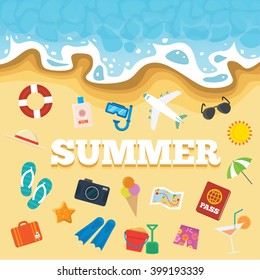 Summer illustration. Beach icons and the sea background.
