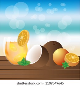 Summer illustration  beach style vector illustration , wood desk and tropic fruits with blurred sky  ,sea and sand paradise