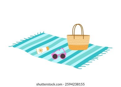 Summer illustration. Beach towel, sunscreen, sunglasses, beach bag.