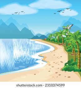 SUMMER Illustration of the beach with TREES AND STONE CARTOON STYLE