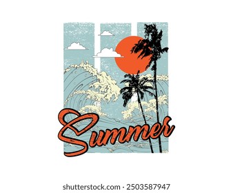 summer illustration with beach waves and palm trees with sun for t shirt print, background, poster and other use