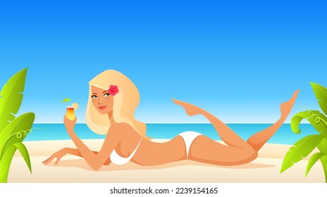 summer illustration of a beautiful girl in white bikini on the beach. Attractive blonde woman enjoying an exotic cocktail drink in tropical paradise. Horizontal banner.