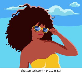 Summer illustration with beautiful young tanned woman with yellow sunglasses and black curly hair. Banner large rectangle vector holidays concept