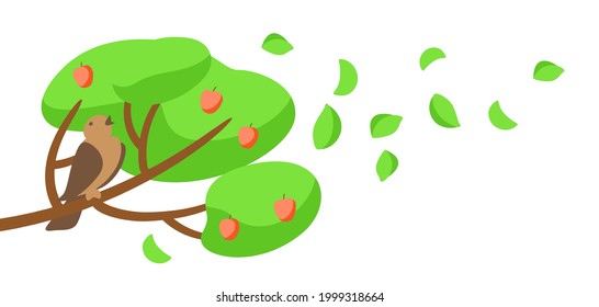 Summer illustration with of bird on tree twig.