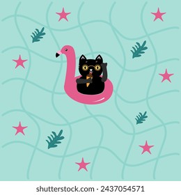 summer illustration of a black cat eating ice cream on a flamingo pool float suitable for Wallpaper, Fabric, Textile Design, Bed Sheet, Sofa Pillow Pattern, Stationery, Wrapping paper, bag, tote bag