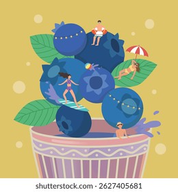 Ilustração de verão com copos de suco de mirtilo e nadadores