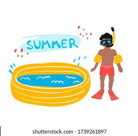 Summer illustration - a boy in a swimming mask next to an inflatable pool. Splashes, summer, inflated armbands, flippers, swimming tube, black boy