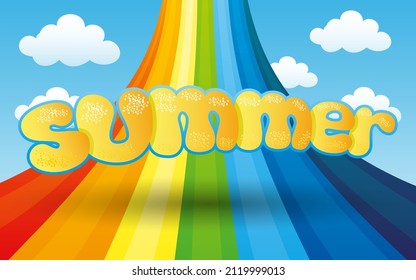 Summer illustration with bright rainbow in the blue sky.