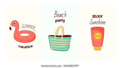 Summer illustration card, poster, banner with summer accessories. Set of vector templates with beach bag, sunscreen, inflatable ring