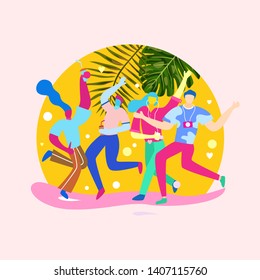 Summer illustration with cartoon people partying between tropical leaves and the beach