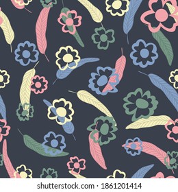Ilustración de verano estilo vectorial patrón sin fisuras hojas de flores multicolor dibujadas a mano sobre fondo gris
