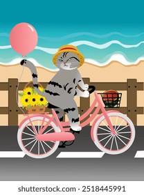 Summer Illustration of a Cat Riding a Bicycle for design projects related to summer, travel, leisure, or animal-themed content. It can be used for greeting cards, posters, children’s book illustration