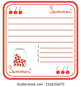 summer illustration of cherries in a jar. red bright colors. perfect for notepad