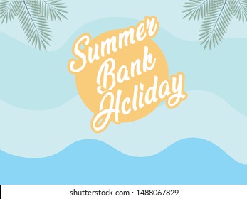 Summer illustration contains sun, leaves, text and blue wave gradation background