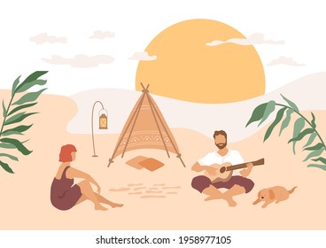 Summer illustration. Couple resting on the beach, playing guitar. Tropical vector scene with seaside, sunset. Abstract character, domestic dog with owner. Boho style hut with lantern, travel concept