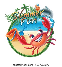 summer illustration with crab and dolphin on a tropical beach