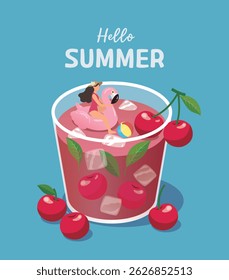 Summer illustration with a cup of cherry juice and a person on a flamingo tube