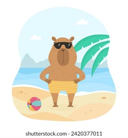 Ilustración veraniega del bonito capibara en la playa