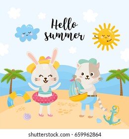 Summer illustration with cute cat and rabbit. Animals on the beach. Summer tropical landscape, palm tree, seashore. Hello summer!