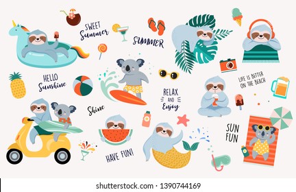 Summer illustration with cute characters of koalas and sloths, having fun. Pool, sea and beach summer activities, concept vector illustrations