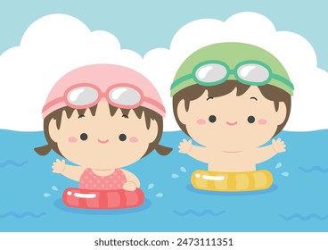Summer illustration, cute children playing in the sea