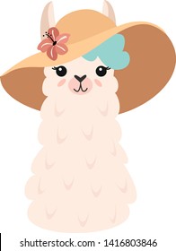 Summer illustration with a cute llama in a funny hat with a flower. Vector template. Stylish drawing for birthday cards, party invitations, poster and postcard.