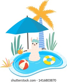 Summer illustration of cute llama with inflatable pool floats relaxing in the pool. Vector template.